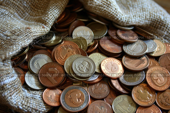 Close up of pile of coins overflowing from burlap bag. Стоковое AI-изображение, AI-художник Иван Рябоконь / Фотобанк Лори