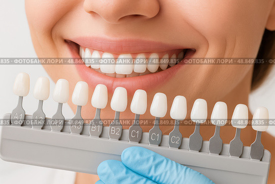Close-up of smiling woman showing perfect white teeth with dental shade guide. Concept of veneers, whitening, cosmetic dentistry, and smile makeover. Clean and bright studio shot. Banner format. Стоковое AI-изображение, AI-художник Евгений Демидюк / Фотобанк Лори
