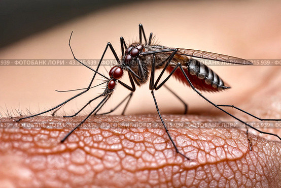 Close-up of striped mosquito on human skin, sucking human blood. Mosquitoes (Aedes aegypti), close up, macro photo. Carriers of dengue fever and malaria concept. Gen ai illustrate. Copy ad text space. Стоковое AI-изображение, AI-художник Aleksandr Golubev / Фотобанк Лори