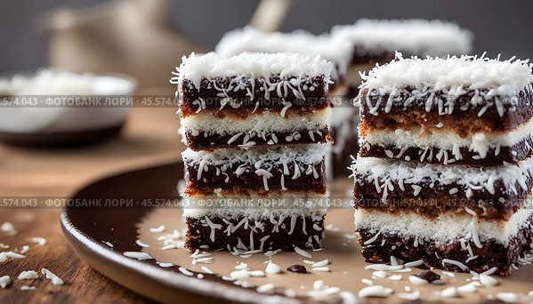 Close-up of vegan lamingtons, traditional Australian dessert. Стоковое AI-изображение, AI-художник Ирина Старикова / Фотобанк Лори