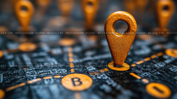 Close-up of vibrant location markers on a black urban map reveals intricate routes and connections between various destinations in the city. Стоковое AI-изображение, AI-художник Данила Большаков / Фотобанк Лори