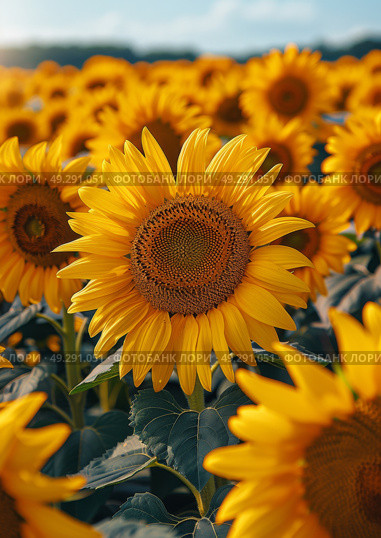 Close-up of vibrant sunflower in full bloom under sunny skies, showcasing nature golden pattern ideal for summer farming, floral, or botanical themes. Стоковое AI-изображение, AI-художник Александра Троицкая / Фотобанк Лори