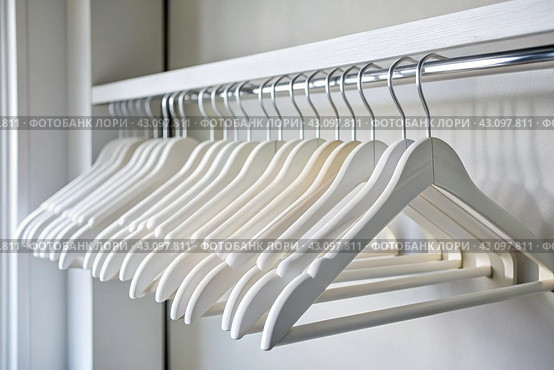 Close-up of white hangers on a white closet. The concept of order and storage in the house. Стоковое AI-изображение, AI-художник Photojuli / Фотобанк Лори