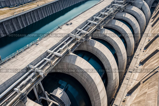 Close-up pipes of modern giant dam on Parana river, South America. Itaipu Binacional hydroelectric power station in Foz do Iguazu Brazil on border Paraguay. Hydro electrification concept. Copy space. Стоковое AI-изображение, AI-художник Aleksandr Golubev / Фотобанк Лори