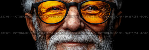Close-up portrait of a man with yellow tinted glasses and a white beard against a stark dark backdrop. Стоковое AI-изображение, AI-художник Данила Большаков / Фотобанк Лори