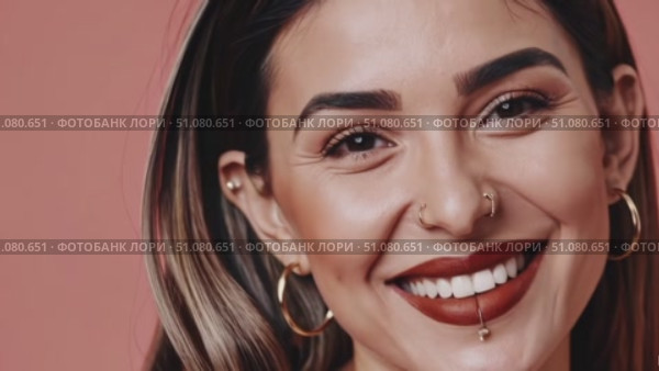 Close-up portrait of a smiling young woman with facial piercings—gold nose ring and lip (labret) piercing, bold brows and red lipstick, perfect teeth (4K, 16:9) Стоковое AI-видео, аниматор Владислав Войтов / Фотобанк Лори
