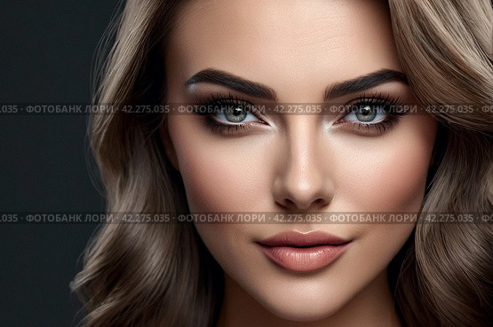 Close up portrait wink eye woman, posing at dark gray background, looking at camera. Emotional face of lovely young flirting lady isolated on blank studio wall. Human emotions concept. Copy text space. Стоковое AI-изображение, AI-художник Aleksandr Golubev / Фотобанк Лори