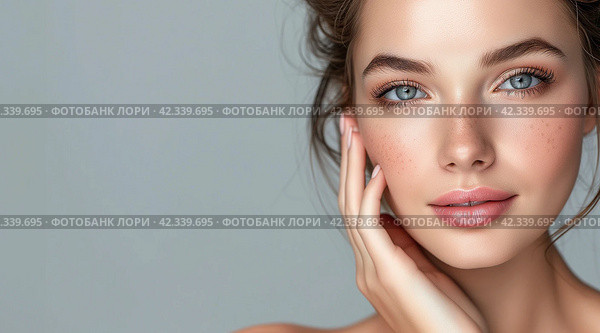 Close up portrait young beautiful woman touch her perfect smooth skin on grey studio background. Sensuality, natural beauty, plastic surgery, aesthetic medicine, cosmetology, cosmetics, skin care. Стоковое AI-изображение, AI-художник Alexander Tihonovs / Фотобанк Лори