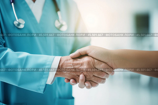 Close up supportive caregiver wearing hospital uniform holding patient hand, giving psychological help, expressing empathy and care. Стоковое AI-изображение, AI-художник Sergey Grishin / Фотобанк Лори
