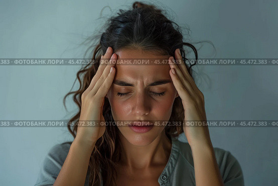 Close up unhealthy young woman suffering from strong headache or chronic migraine, touching temples with closed eyes, unhappy tired businesswoman or student feeling unwell, feeling pain. Стоковое AI-изображение, AI-художник Sergey Grishin / Фотобанк Лори
