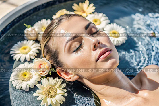 Close-up. View from above. A young, beautiful woman on spa treatments at beauty spa. The concept of a healthy lifestyle, relaxation, beauty treatments, self-love. Стоковое AI-изображение, AI-художник Photojuli / Фотобанк Лори
