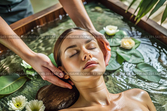 Close-up. View from above. A young, beautiful woman on spa treatments at beauty spa. The concept of a healthy lifestyle, relaxation, beauty treatments, self-love. Стоковое AI-изображение, AI-художник Photojuli / Фотобанк Лори