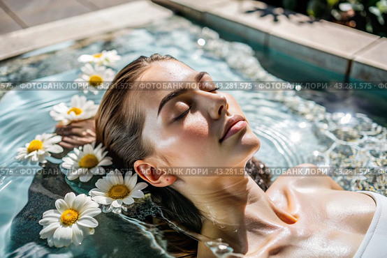 Close-up. View from above. A young, beautiful woman on spa treatments at beauty spa. The concept of a healthy lifestyle, relaxation, beauty treatments, self-love. Стоковое AI-изображение, AI-художник Photojuli / Фотобанк Лори