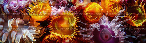Close-up view of colorful sea anemones with tentacles extended in a coral reef. Стоковое AI-изображение, AI-художник Данила Большаков / Фотобанк Лори