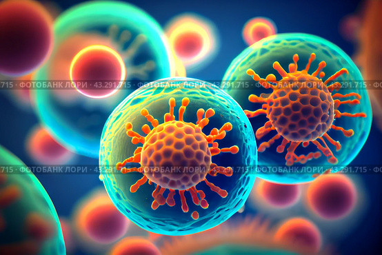 Closeup cells infected with oncogenic viruses, origin cancerous tumor. concept of oncology diagnostics, radiation and chemotherapy for pharmaceutical apps, cancer presentations, oncology websites. Стоковое AI-изображение, AI-художник Ольга Яковенко / Фотобанк Лори