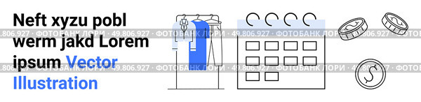 Clothing on rack, calendar with dates, coins, and dollar sign representing various aspects of online shopping. Ideal for e-commerce, retail planning, financial budgeting, scheduling, currency. Online Shopping Process with Clothing Rack, Calendar, and Payment Methods Including Coins and Dollar Sign. Стоковая иллюстрация, агентство Ingram Publishing / Фотобанк Лори