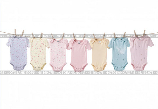 Clothing rack with children's clothes hung isolated on white background. Set of children bodysuits pastel colored. Kid's outfit on hangers. Kids wardrobe. Baby garment. Dressing. New baby apparel. Стоковое AI-изображение, AI-художник Евгений Демидюк / Фотобанк Лори