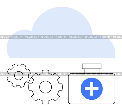 Cloud above first aid kit and gears signaling integration of healthcare and technology. Ideal for telemedicine, health data management, medical advancements, tech innovations, digital health. Cloud Computing Technology Integration in Healthcare Settings for Enhanced Medical Services. Стоковая иллюстрация, агентство Ingram Publishing / Фотобанк Лори