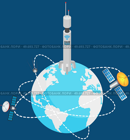 Cloud computing, networks structure, internet communication concept, signal and connection station network compounds, spaceships flying around planet earth, satellite global network provider. Cloud computing, networks structure, internet communication concept, signal and connection station. Стоковая иллюстрация, агентство Ingram Publishing / Фотобанк Лори