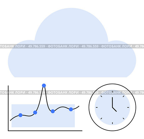 Cloud graph and clock symbolize technology data analytics real-time monitoring time management, forecasting, networking, efficiency. Ideal for tech, business, productivity, analytics, data. Cloud Computing Analytics Real-Time Data Monitoring and Time Management. Стоковая иллюстрация, агентство Ingram Publishing / Фотобанк Лори