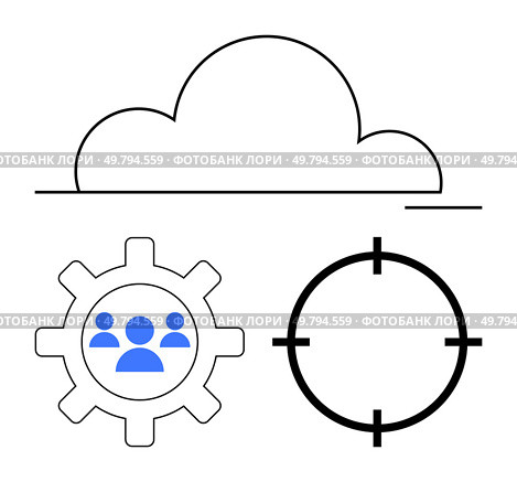 Cloud icon with a team inside gear symbol and target mark on plain background. Ideal for tech, teamwork, business strategy, cloud solutions, project management, targeting, goals. Line metaphor. Cloud computing with team collaboration gear and precise target objective. Стоковая иллюстрация, агентство Ingram Publishing / Фотобанк Лори