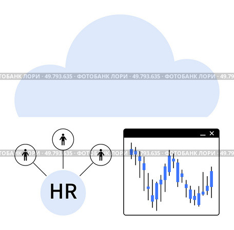 Cloud image connected to HR circle, three connected user icons, and a business chart. Ideal for HR management, data analysis, cloud computing, team collaboration, business strategy, tech innovation. Cloud-Based HR Management and Data Analysis with Connectivity Icons and Business Chart. Стоковая иллюстрация, агентство Ingram Publishing / Фотобанк Лори