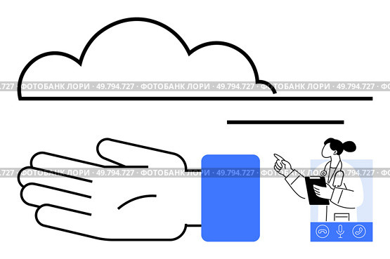 Cloud, outstretched hand, healthcare professional, clipboard, speech icons. Ideal for healthcare tech, medical data, remote consultation, telemedicine cloud storage communication patient care. Cloud Computing in Healthcare Symbols of Technology Integration and Medical Services. Стоковая иллюстрация, агентство Ingram Publishing / Фотобанк Лори