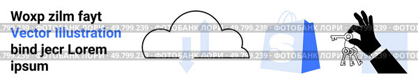 Cloud uploads and downloads, shopping bag, and a hand holding keys. Ideal for cloud storage, e-commerce, digital security, online services, and technology. Landing page. Cloud Storage, Online Shopping, and Security Key Outline Graphic for Modern Digital Solutions. Стоковая иллюстрация, агентство Ingram Publishing / Фотобанк Лори