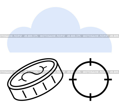 Cloud with coin and target symbolizing financial success and precision in cloud computing. Ideal for fintech, cloud storage, investment planning, software development, tech strategies, data analysis. Cloud Computing for Financial Success and Precision Technology Objectives. Стоковая иллюстрация, агентство Ingram Publishing / Фотобанк Лори