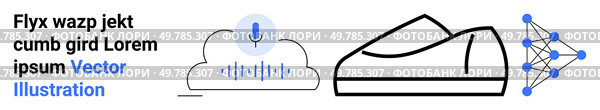 Cloud with microphone symbol, sneaker silhouette, and neural network nodes and connections. Ideal for AI, technology, machine learning, speech recognition, sports technology, smart wearables. Modern AI Technology Representation Featuring a Cloud, Sneaker, and Neural Network Diagram. Стоковая иллюстрация, агентство Ingram Publishing / Фотобанк Лори