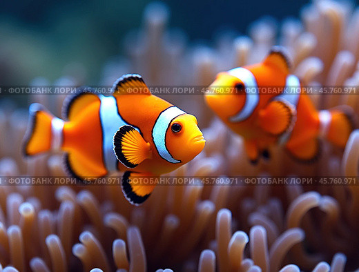Clown fish or Clown anemonefish, Amphiprion bicolor, in natural habitat. Стоковое AI-изображение, AI-художник Евгений Ткачёв / Фотобанк Лори