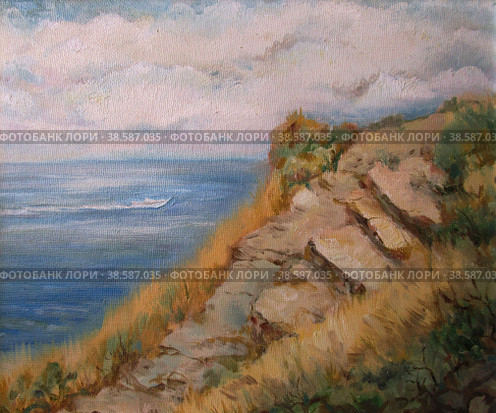 Coast of the sea, summer view, oil painting. Стоковая иллюстрация, иллюстратор Aleksandra Serova / Фотобанк Лори