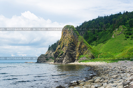 Coastal landscape, beautiful lava rocks on the green coast of Kunashir island. Стоковое фото, фотограф Евгений Харитонов / Фотобанк Лори