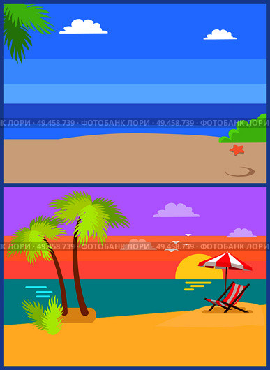 Coastal view posters set tropical seascape, sea sand and palm trees, sunset or sunrise, umbrella over sunbed exotic island vector beach summer backgrounds. Coastal View Posters Set Tropical Beach, Sea Sand. Стоковая иллюстрация, агентство Ingram Publishing / Фотобанк Лори