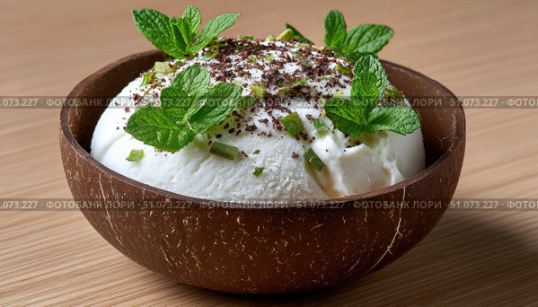 Coconut bowl holding delicious ice cream garnished with mint and chocolate sprinkles. Стоковое AI-изображение, AI-художник Юрий Поздников / Фотобанк Лори