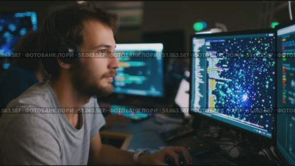 Coder works on complex programming tasks at a tech workspace during evening hours with multiple screens showing data analysis. Стоковое AI-видео, аниматор Сергей Толмачёв / Фотобанк Лори