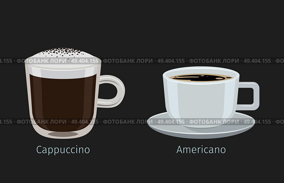 Coffee cups with Cappuccino and Americano on grey background with name text under each cup. Kinds of Italian coffee. Minimalist isolated vector illustration of hot beverages for coffee shops and cafes. Cappuccino and Americano Coffee Cups Illustration. Стоковая иллюстрация, агентство Ingram Publishing / Фотобанк Лори