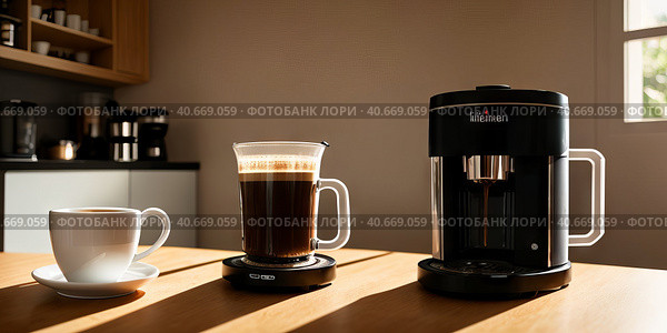 coffee machine with cup of fresh espresso coffee on wooden kitchen counter sunny morning, cup and cappuccino automat in focus and blurred background. Modern kitchen concept. Generative AI. Стоковое AI-изображение, AI-художник Sergey Grishin / Фотобанк Лори