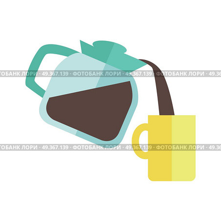 Coffee Maker with Cup. Blue coffee maker with yellow cup in flat design isolated on white background. Coffee pouring into cup. Coffee time, break time concept. Vector illustration. Стоковая иллюстрация, агентство Ingram Publishing / Фотобанк Лори