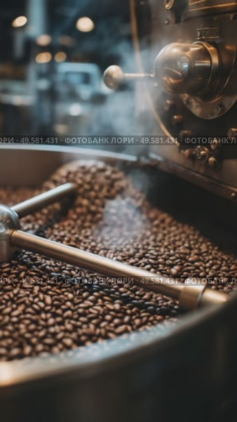 Coffee roasting process showcases rich aromas and flavors in a bustling cafe environment during the afternoon. Стоковое AI-видео, аниматор Сергей Толмачёв / Фотобанк Лори
