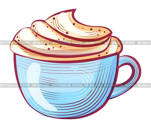 Coffee with whipped cream in cup with handle, cappuccino in pot, drawing caffeine or aroma drink. Sketch of hot beverage in flat design style, tasty vector. Aroma Drink with Whipped Cream, Coffee Vector. Стоковая иллюстрация, агентство Ingram Publishing / Фотобанк Лори
