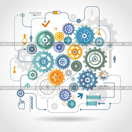 Cogged wheels gear mechanism schema poster. Cogwheels gear mechanical mechanism detail rotation work  schema with relay switch and start button abstract vector illustration. Стоковая иллюстрация, агентство Ingram Publishing / Фотобанк Лори