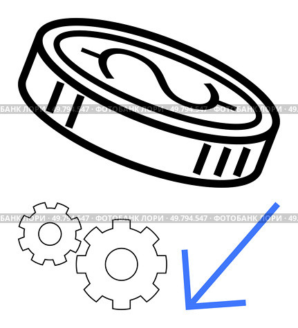 Coin with dollar sign above two gears and downward arrow suggests economic decline, finance, market analysis, business strategy, financial issues, investment challenges. Ideal for finance, economy. Coin with Dollar Sign Over Gears and Downward Arrow Highlighting Economic Decline. Стоковая иллюстрация, агентство Ingram Publishing / Фотобанк Лори