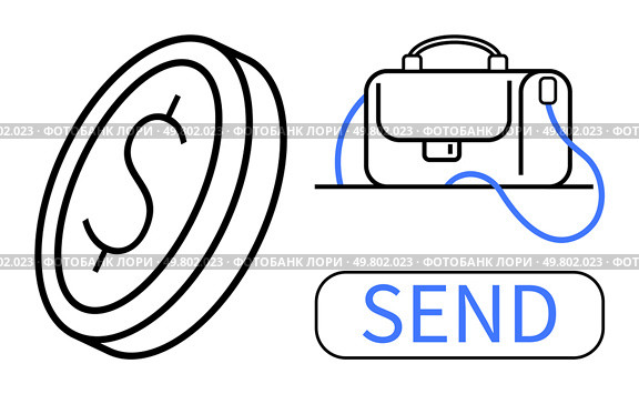 Coin with dollar sign, business briefcase, and Send button symbolize digital money transfer. Ideal for finance apps, banking, fintech solutions, e-commerce, online transactions, business services. Digital Currency Transfer Featuring Coin Icon, Briefcase, and Send Button for Financial Transactions. Стоковая иллюстрация, агентство Ingram Publishing / Фотобанк Лори