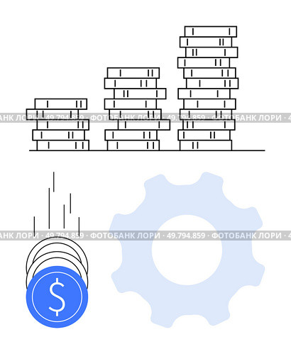 Coins stacking into piles, falling coins, and a cogwheel representing financial growth. Ideal for economics, business strategies, financial planning, investment ideas, wealth management, process. Coins stacking into piles beside falling coins and a cogwheel representing financial growth and process. Стоковая иллюстрация, агентство Ingram Publishing / Фотобанк Лори