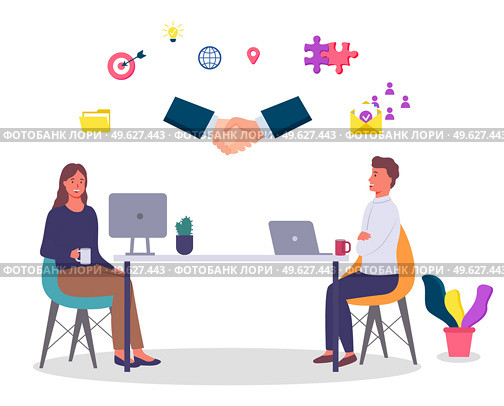 Collaboration of partners, successful deal, office workers sitting at table working with laptop and computer, partners or colleagues, businesspeople have a deal, partnership, businesswoman and guy. Collaboration of partners, successful deal, office workers sitting at table working with computers. Стоковая иллюстрация, агентство Ingram Publishing / Фотобанк Лори