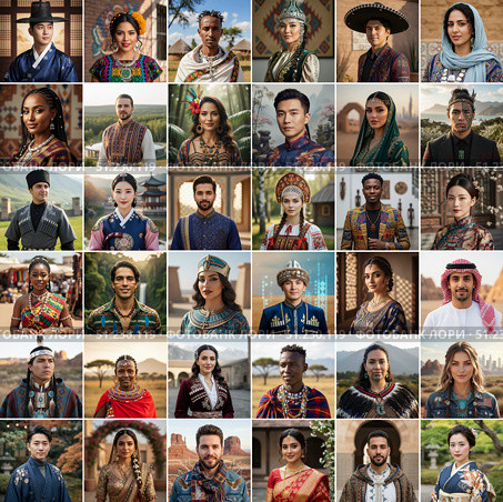 Collage of portraits of people of the world from different countries and nationalities. Generated by AI. Стоковое AI-изображение, AI-художник Андрей Аркуша / Фотобанк Лори