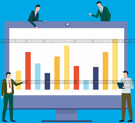Colleagues talk about financial indicators. Workers communicate solve business development issues, collaboration and discussion graphical business report with charts. Teamwork, joint work in company. Colleagues talk about financial indicators. Discussion about graphical business report with charts. Стоковая иллюстрация, агентство Ingram Publishing / Фотобанк Лори