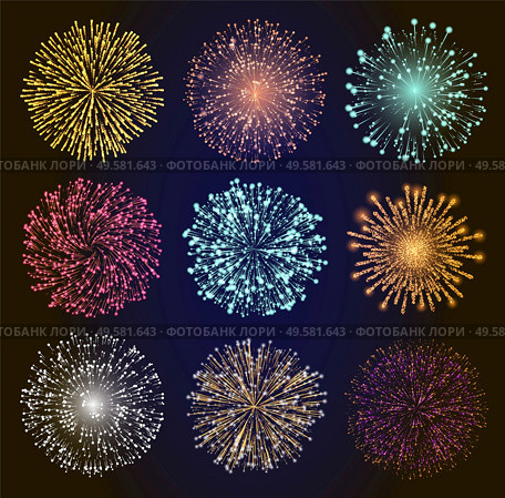 Collection of bright fireworks. Set of pyrotechnics for celebration of holidays and parties. Decor for cards designs and web. Festivals and carnivals effects at night sky. Vector in flat style. Fireworks Set Decoration for Holidays and Parties. Стоковая иллюстрация, агентство Ingram Publishing / Фотобанк Лори