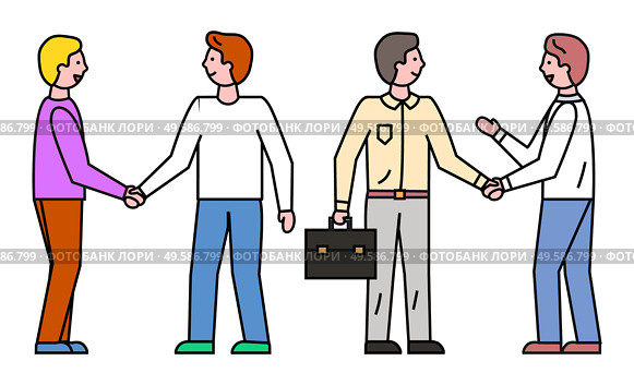 Collection of businessman on seminars or conferences. People isolated characters wearing formal clothes handshaking partners. Male with briefcase talking to his colleague. Vector in flat style. Business People Hand Shaking on Meeting Collection. Стоковая иллюстрация, агентство Ingram Publishing / Фотобанк Лори